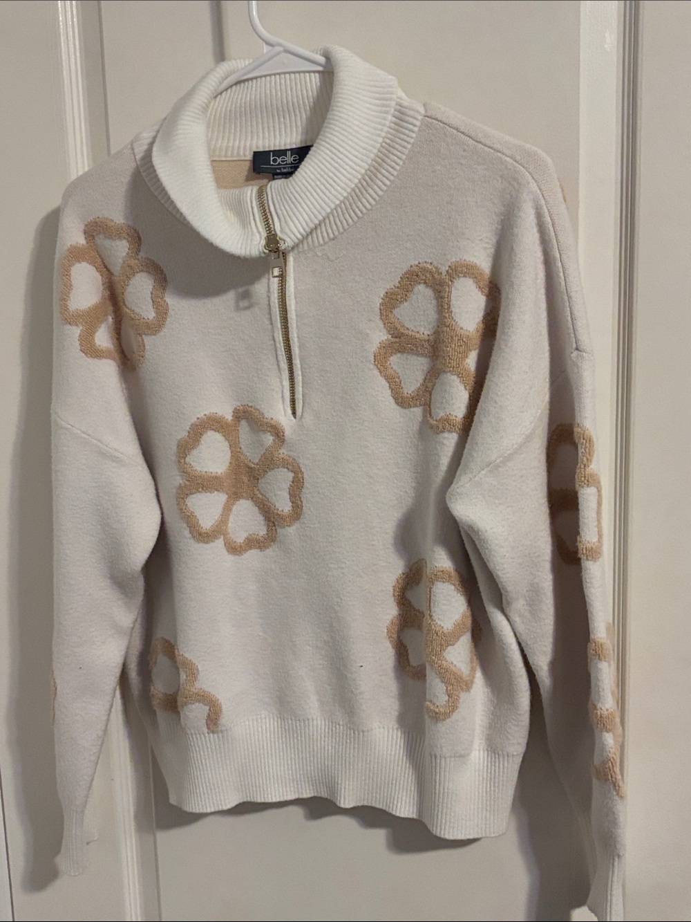 Belle Cream Cowl-Neck Half-Zip Sweater with Tan Floral Accents
